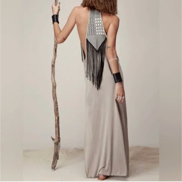 ZHENNYMPH ZHEN NYMPH Tan Black Fringe Tribal Racerback Dreamcatcher Dress S M - Picture 3 of 16